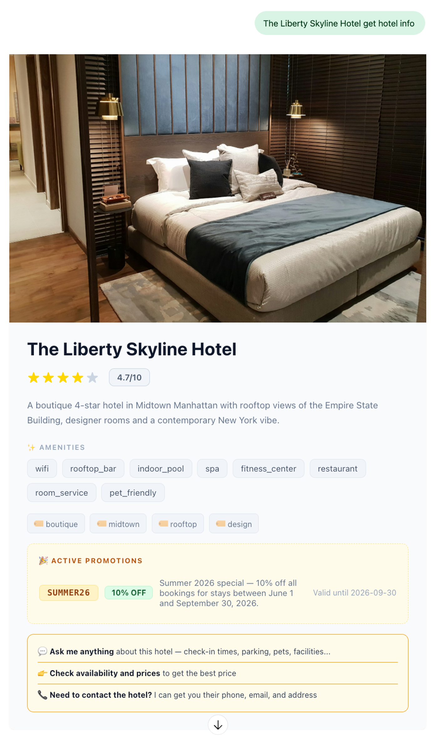 Hotel info widget rendered inside ChatGPT